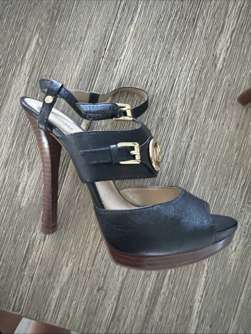 Michael Kors Black Open-Toe T-Strap Heels with Gold Hardware